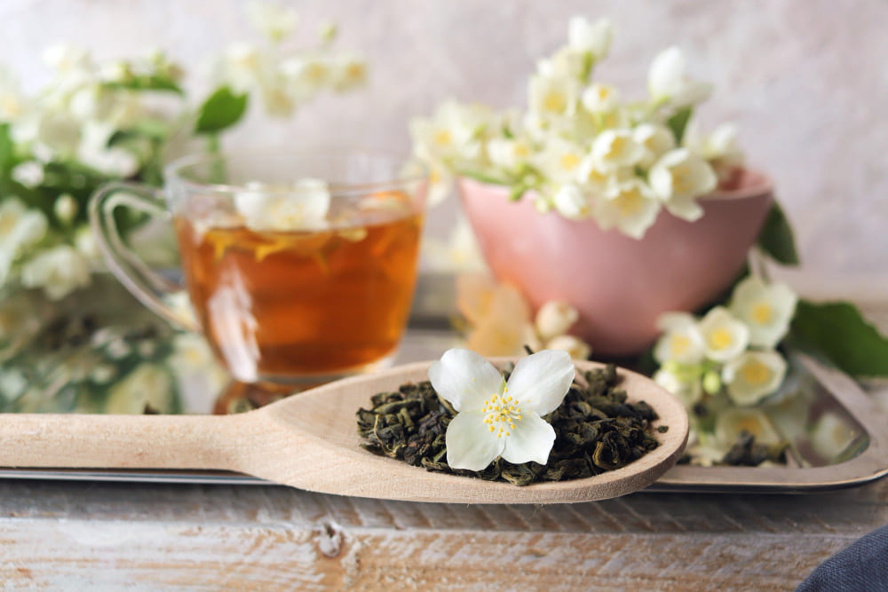 Jasmine tea presented on the table with its beautiful white flower 1