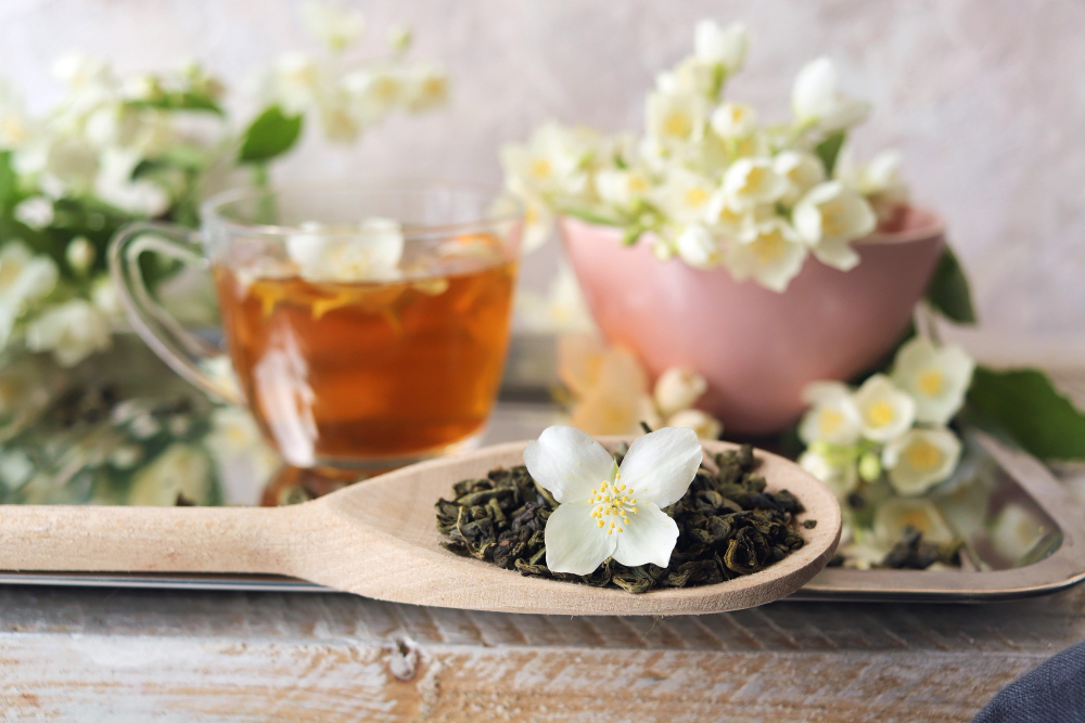 Jasmine tea presented on the table with its beautiful white flower (1)